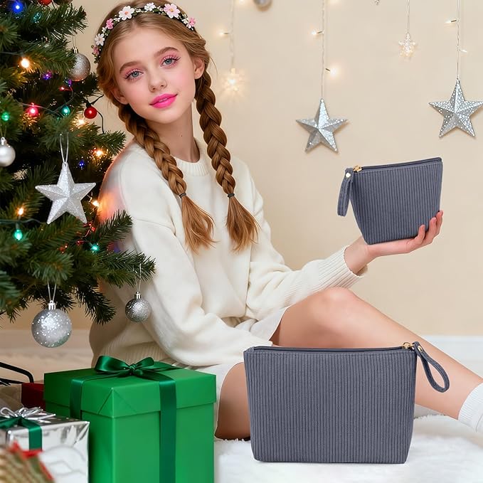 MAGEFY 2Pcs Makeup Bag Set, Cute Makeup Pouch for Purse Corduroy Travel Cosmetic Pouch for Women with Slip-in Pockets for Purse Essentials Accessories(Grey,Mini+Small)