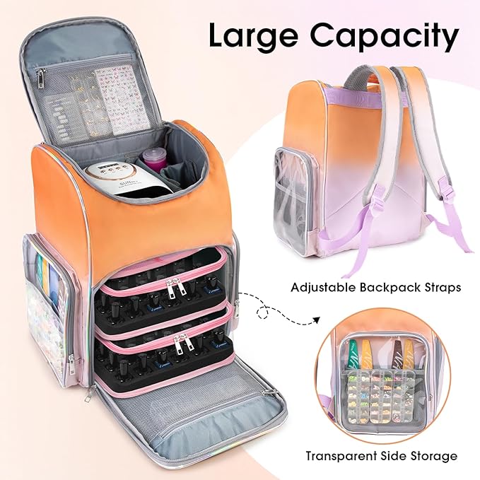 Nail Polish Organizer Bag Large Nail Polish Storage Organizer Case Backpack Holds 60 Bottles and Nail Lamp with 2 Removable Case Professional Nail Supplies Organizer for Manicurist