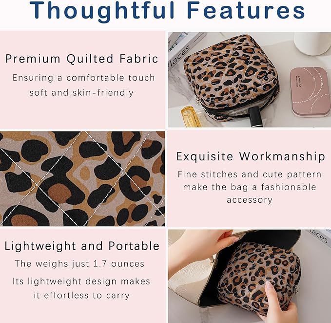 Small Quilted Cosmetic Pouch for Purse, Mini Cotton Makeup Bag with Compartments, Cute Zipper Lipstick Holder for Women (22Leopard Print)