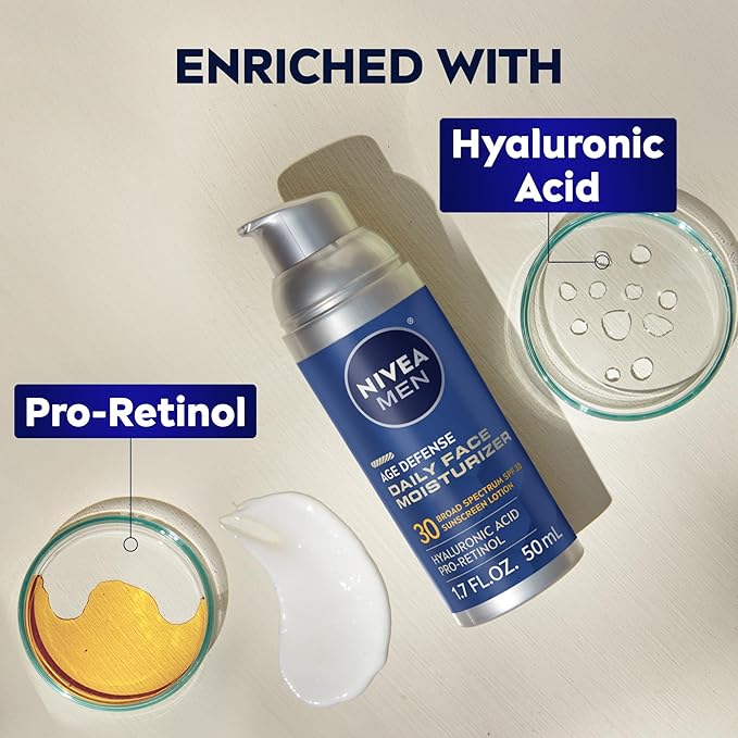 NIVEA MEN Age Defense Daily Face Moisturizer with Broad Spectrum SPF 30 Sunscreen, Pro-Retinol and Hyaluronic Acid, Beard-Friendly Face Lotion Helps Defend Against UVA/UVB Rays, 1.7 Fl Oz,(Pack of 2)