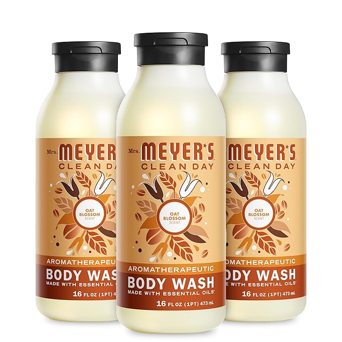 MRS. MEYER'S CLEAN DAY Moisturizing Body Wash for Women and Men, Shower Gel Formula Made with Essential Oils, Oat Blossom, 16 oz Bottle, Pack of 3