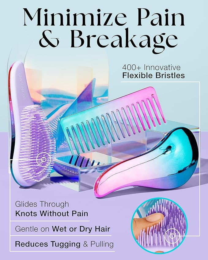 Lily England Detangler Brush & Comb Set - Lightweight Wide Tooth Detangling Tool for Women & Kids - Smooths Curly, Straight, Dry, Fine, & Thick Hair, Purple