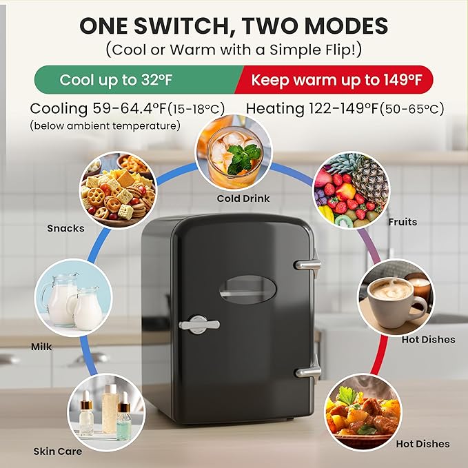 Simple Deluxe 4 Liter/6 Can Mini Fridge with Observation Window, Compact Freon-Free Small Refrigerator, Portable Cooler & Warmer for Skincare, Beverage, Food, Cosmetics, Black
