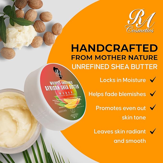 RA COSMETICS Whipped Shea Butter with Mango Extract – 100% Unrefined Shea Body Butter from Ghana – Moisturizes Skin, Nourishes & Conditions Hair, Scalp – Softens and Smooths Lips, Hands & Feet – 12oz