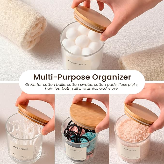 MaisoNovo Qtip Holder Bathroom Set – Airtight Q tip and Cotton Round Holder with Lid to Store Cotton Rounds, Swabs, Floss Picks, Hair Ties with Free Labels Pack - 2 Clear Jars with Bamboo Lids