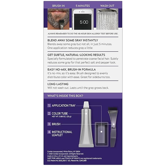 Just For Men Touch of Gray Mustache & Beard, Beard Coloring for Gray Hair with Brush Included for Easy Application, Great for a Salt and Pepper Look - Light & Medium Brown, B-25/35, Pack of 1