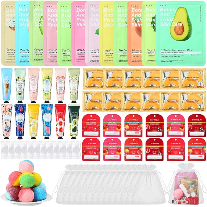 84 Pcs Spa Themed Party Supplies Facial Masks Patches Lip Balm Hand Cream Bombs Compressed Towel Organza Bags Spa Birthday and Sleepover Favors Galentines Day Gift for Women Most Skin Type