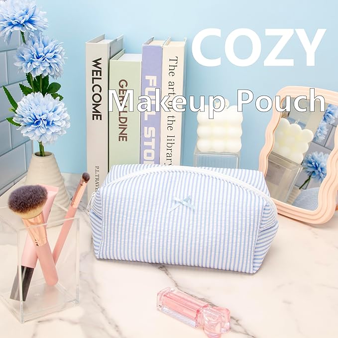 PAZIMIIK Cozy Makeup Bag Travel Cosmetic Bag for Women Soft Toiletry Bag Aesthetic Makeup Organizer Portable Large Zipper Pouch for Skincare Beauty Accessories Brushes Stripe Blue