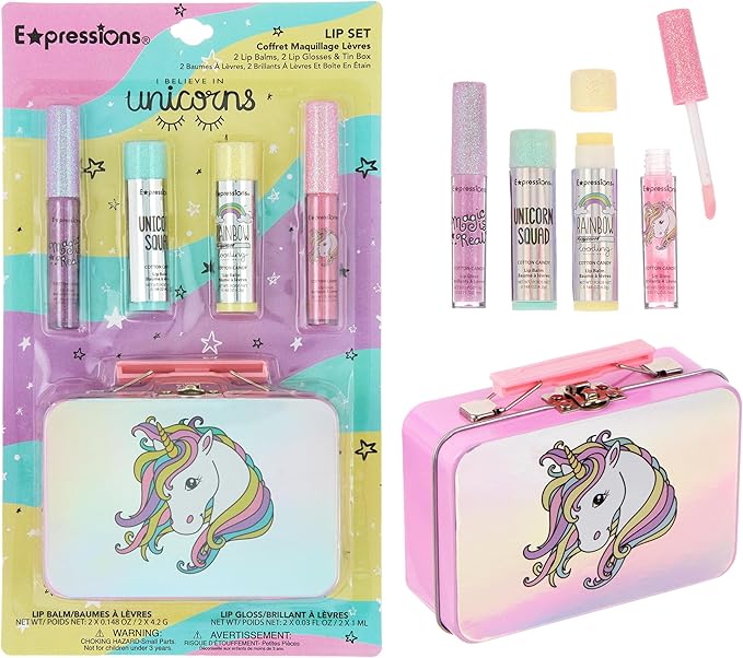 EXPRESSIONS 5pc Cosmetics Lip Kit For Kids w/Lip Glosses, Lip Balms & Tin Box Storage Case,I Believe in Unicorns Hologrpahic,Washable + Non Toxic
