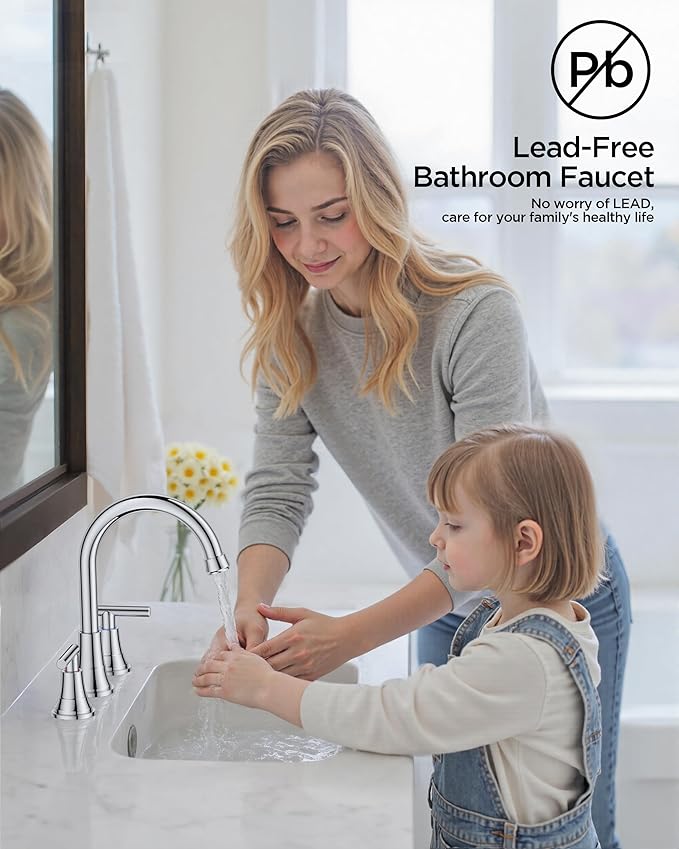FORIOUS Chrome Bathroom Faucet Vanity 3 Holes, 8 Inch Widespread Polished Chrome Faucet for Bathroom Sink 3 Piece with Pop-up Drain and 360 Degree Swivel Spout, Silver Rv Lavatory Tap