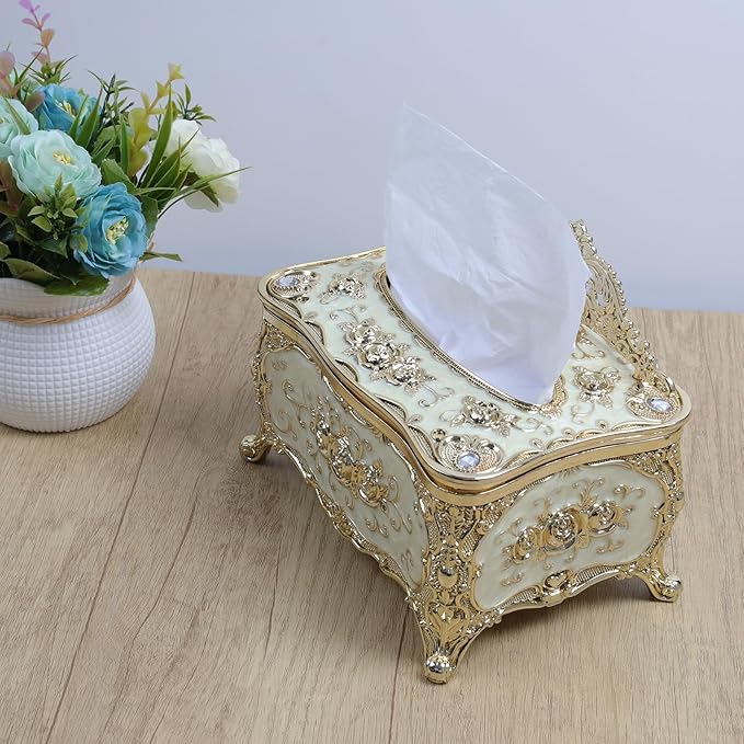 Geesatis Tissue Box Cover, Rectangle Tissue Box Holder, Rectangular Napkin Facial Tissues Holder for Bathroom Toilet Bedroom Living Room Table Desk Office Dresser, 1 Pcs Gold 7.5''x5''x4''