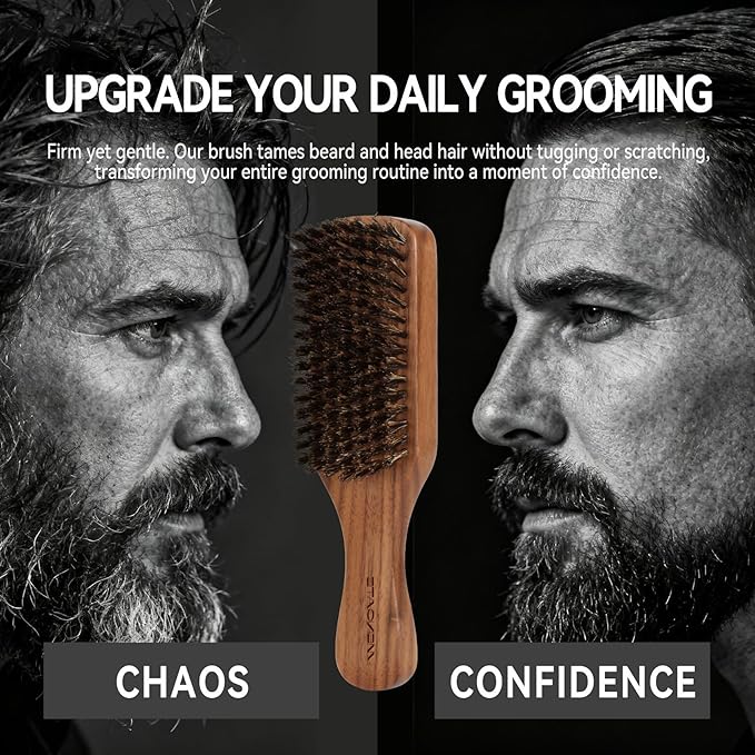 Walnut Wood Boar Bristles Beard Brush Kit for Men, Beard Grooming & Hair Styling Quiff, Pompadour, Slicked-back, Undercut, Straightens & Promotes Beard Growth - Works with Beard Oils and Balms