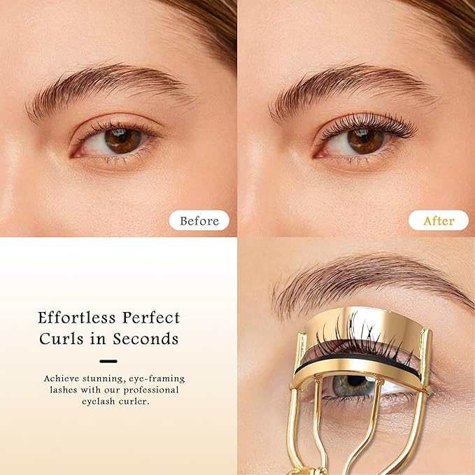 Pro Eyelash Curler – No Pinching, Hypoallergenic Rubber Pad for Perfect Curves, Painless & Gentle, Fits All Eye Types – Compact Travel-Friendly Design with Case (Gold)