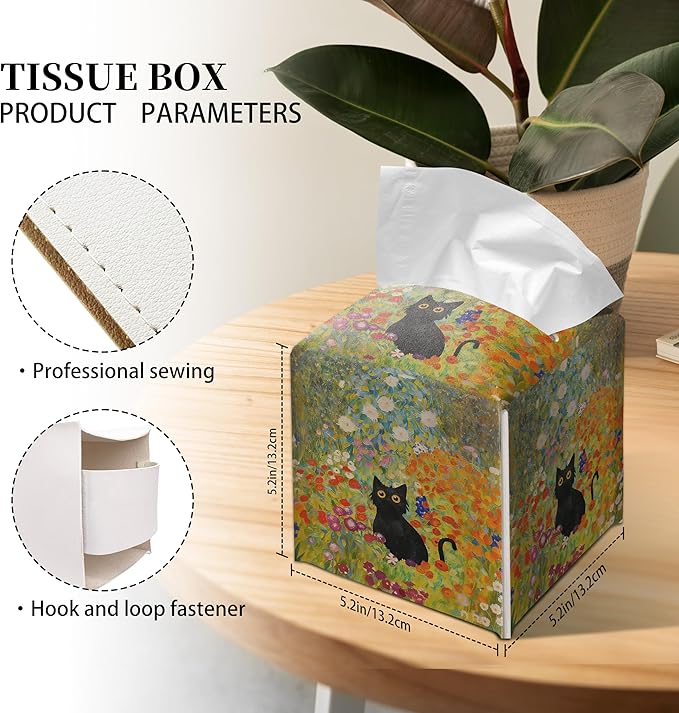 Grace Yonks Art Tissue Box Cover Square - Black Cat in Wildflower Garden Design 5.2" PU Leather Holder for Vanity, Desk, or Bathroom Counter - Cube Case for Facial Tissues. (120)