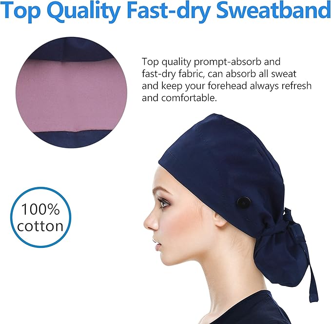 QBA Adjustable Working Cap with Button, Satin-Lined Hat, Cotton Working Hat Sweatband, Elastic Tie Back Hats Unisex