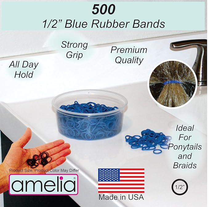 Amelia Beauty 500 Count Small Rubber Bands for Hair – ½" Blue- Made in USA - Recloseable Container - Mini Hair Elastics for Braids, Ponytails, Cornrows & Twists – Strong Hold Ponytail Holders