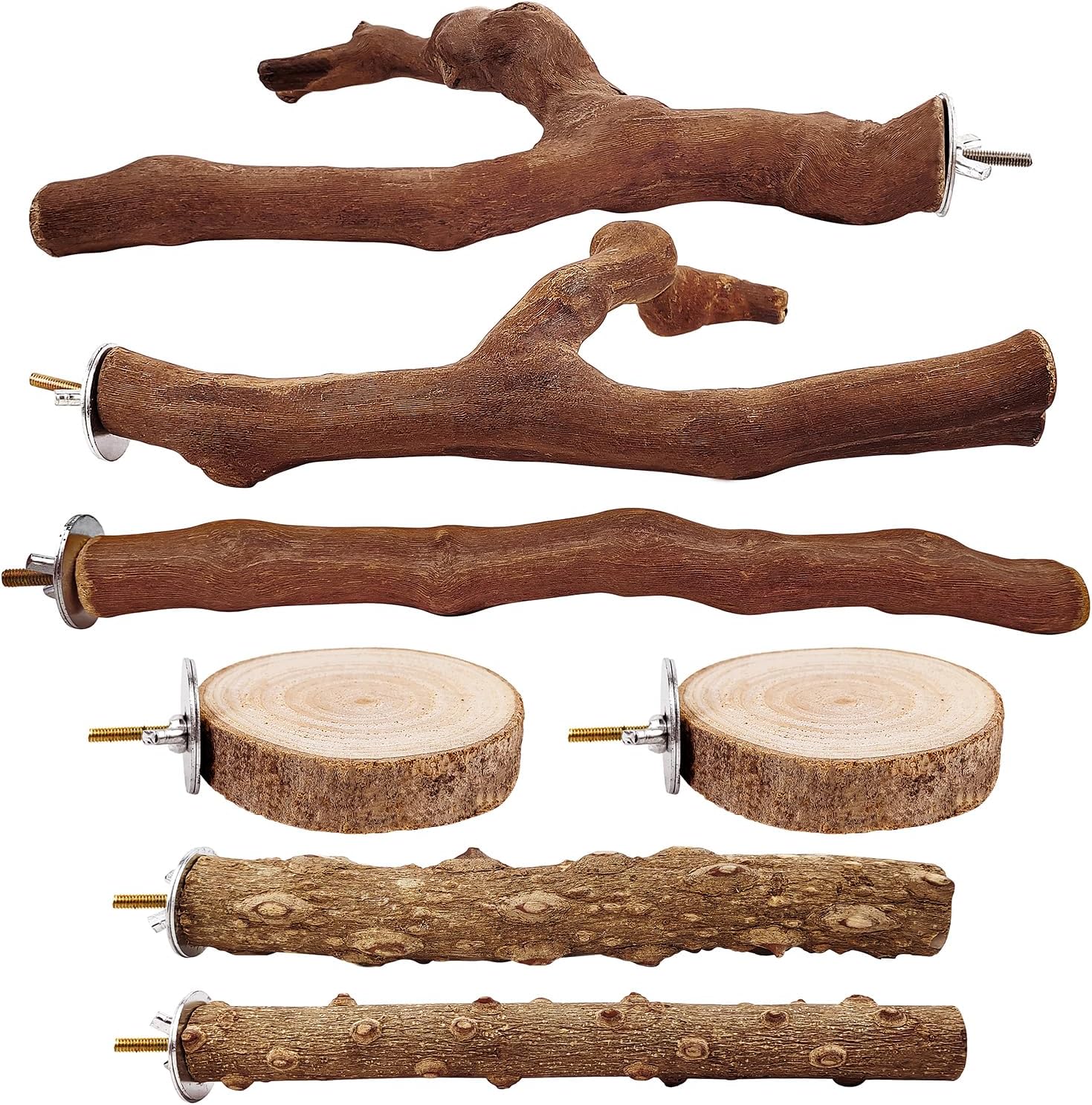 7-Piece Bird Perch Set: 3 Grapevine Paw Grinding Forks, 2 Wood Stands & 2 Hammocks - Cage Accessories for Parakeets, Cockatiels, Conures, Budgies