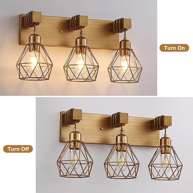 Gold Bathroom Vanity Light Fixtures, 3-Light Gold Bathroom Light Fixtures Over Mirror, Sconces Wall Lighting with Elegant Metal Lampshade for Living Room, Bedroom, Hallway