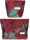 2 Pcs Makeup Bags for Purse, Large Cute Cosmetic Bag Travel Toiletry Bag Organizer for Women, Embroidery Craft Floral Makeup Bag Small Cosmetic Pouch Purse with Zipper (Elegant Red Flower)