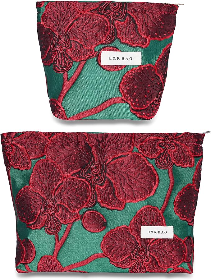 2 Pcs Makeup Bags for Purse, Large Cute Cosmetic Bag Travel Toiletry Bag Organizer for Women, Embroidery Craft Floral Makeup Bag Small Cosmetic Pouch Purse with Zipper (Elegant Red Flower)