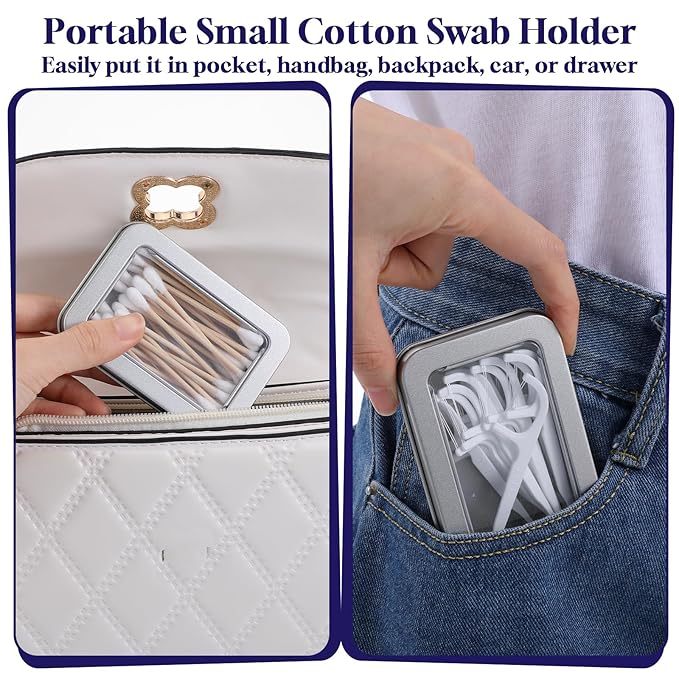 2Pcs Cotton Swab Holder for Travel, Portable Swab Case with Dustproof Lid, Travel Floss Picks Cases for Cotton Swabs Hair Ties Floss(Silver)