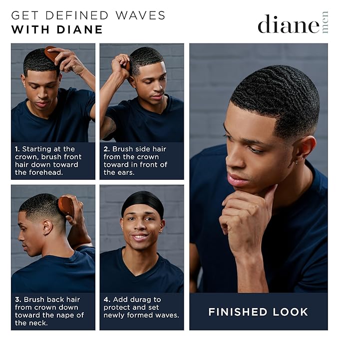 Diane Premium 100% Boar Wave Brush for Men and Barbers , Mens Hair Brush– Medium Bristles for Thick Coarse Hair – Use for Detangling, Smoothing, Wave Styles, Soft on Scalp, Restore Shine and Texture