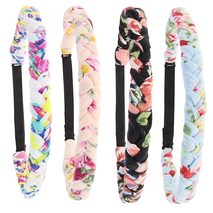 FROG SAC 4 Floral Headbands for Girls, Adjustable Braided Hairband Hair Accessories for Women, Teen Girl Cloth Fabric Head Bands, Kids Flower Braid Hairbands, Tween Easter Basket Stuffers