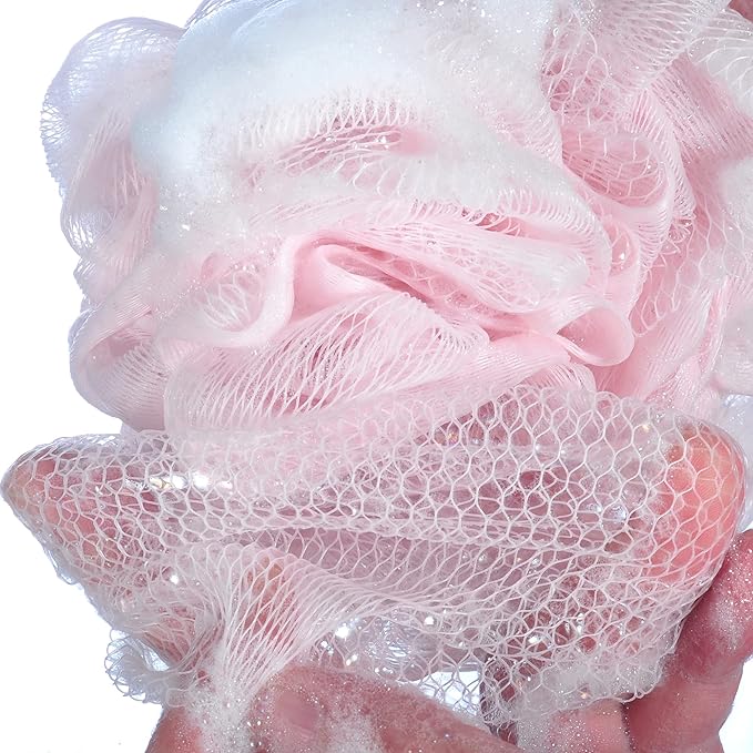 60g/pcs Multi-Color Mesh Bath Sponge Shower Pouf Loofahs Shower Puff Pack of 4 (White,Pink,Purple and Blue)