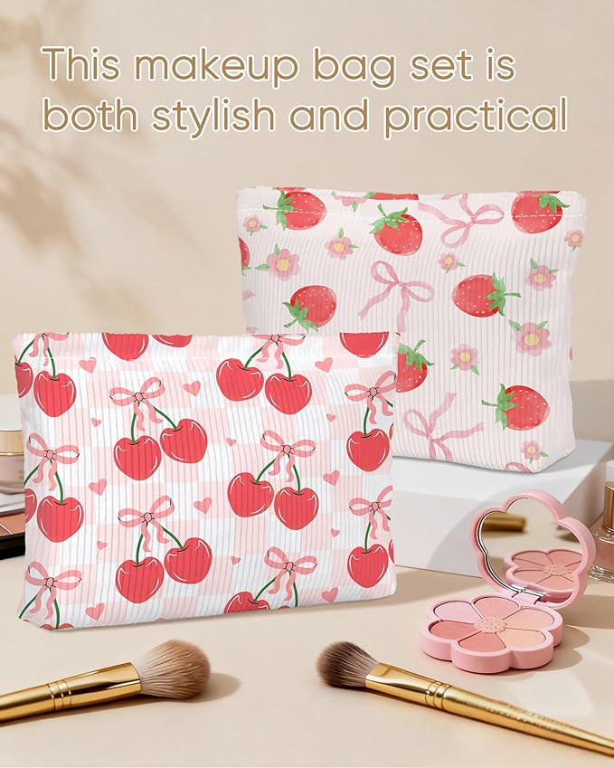 Cute Red Plaid Cherry Bow Knot Makeup Pouch for Women Small Make Up Check Cherries Bows Bag for Purse Zipper Initial Makeup Cosmetic Bags Pouches for Purse Aesthetic Travel Toiletry Bags