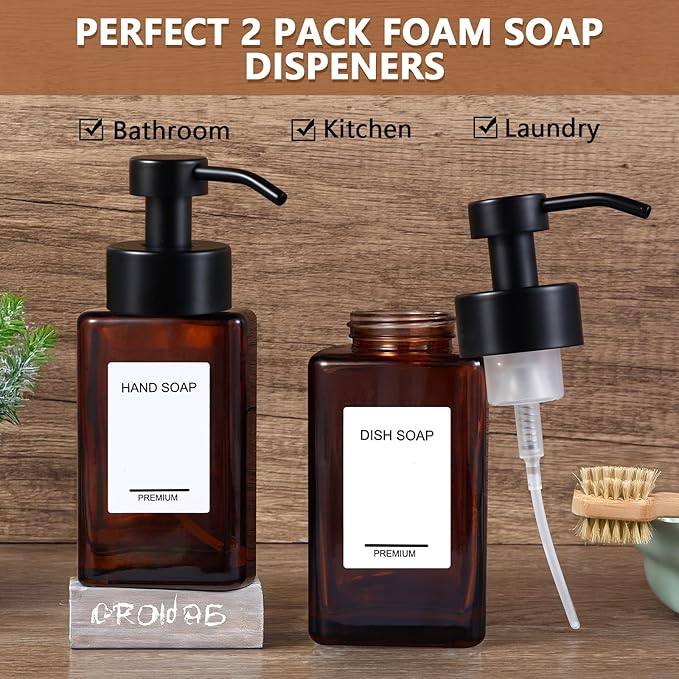 Foaming Hand Soap Dispenser 2 Pack, 12oz/350ml Amber Glass Foaming Soap Dispenser Set with Stainless Steel Pump, Square Refillable Foam Pump Bottles for Bathroom&Kitchen,Includes 6 Labels