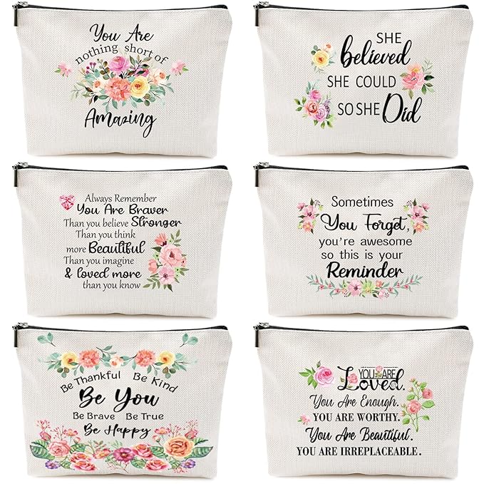 Chengu 6 Pcs Floral Cosmetic Bags Inspirational Gifts for Women Believe in Yourself Motivational Quotes Flower Canvas Makeup Bag for Women Birthday Friend Teacher Graduation New Year Party