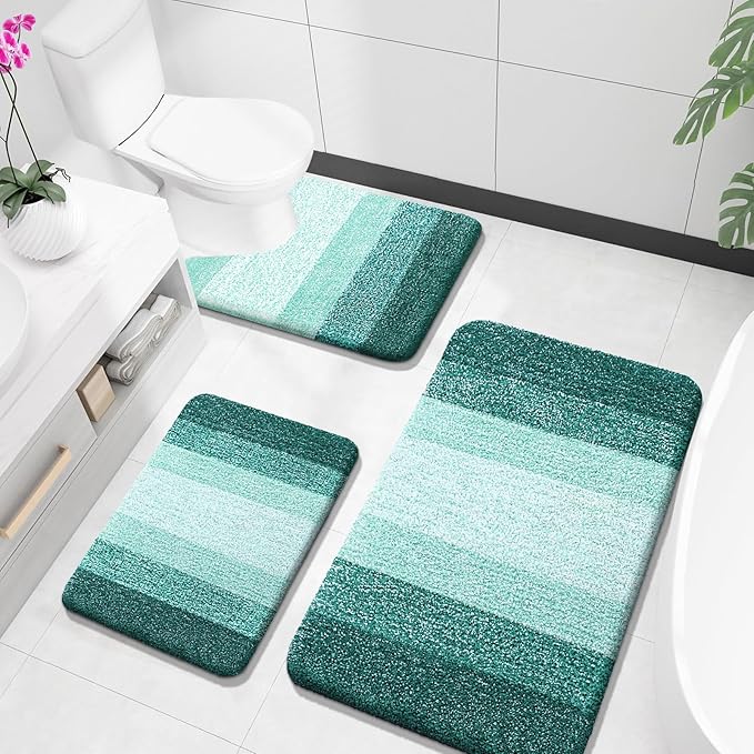 OLANLY Bathroom Rugs Sets 3 Piece, Soft Absorbent Microfiber Bath Mats and U-Shaped Contour Toilet Rug, Plush Shaggy Bath Mat Set for Bathroom (36"x24"+24"x16"+24"x20", Blackish Green)
