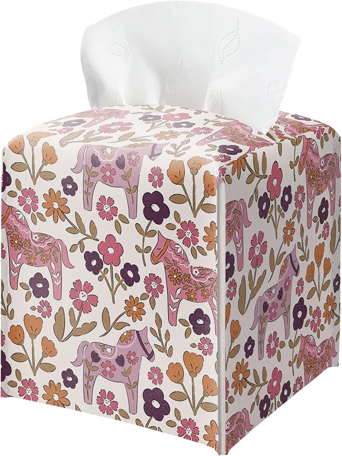 Vintage Floral Horse Tissue Box Cover, Square PU Leather Tissue Holder, Rustic Boho Religious Decor for Bedroom, Bathroom & Living Room, Unique Farmhouse Tissue Box Cover for Home Decor