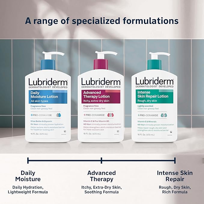 Lubriderm Daily Moisture Lotion + Pro-Ceramide, Shea Butter & Glycerin, Hydrating Face, Hand & Body Lotion, 24-hour Moisturizer for Dry Skin, Paraben & Dye Free, Scented, Non-Greasy, 24 FL OZ