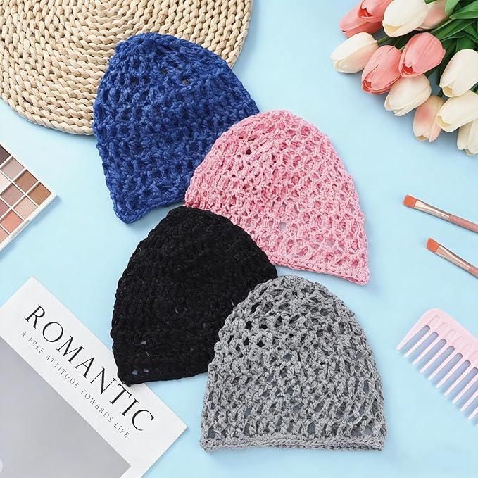 Geyoga 4 Pieces Mesh Crochet Hair Net Rayon Knit Snood Hat Thick Short Women Hairnet Snoods Cover Ornament for Sleeping(Black, Pink, Gray, Blue)
