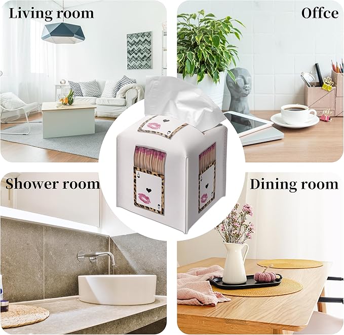 Grace Yonks Cute Tissue Box Cover Square - Leopard Print Playing Card & Lip Print Match Case Design 5.2" PU Leather Holder for Vanity, Desk, Bathroom Counter - Cube Case for Facial Tissues(013)
