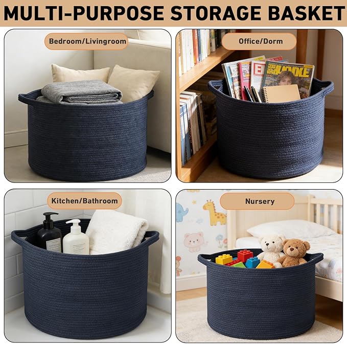 115L Large Blanket Basket,23.6" L x 23.6" W x 15.7" H Rope Woven Baskets with Handles, Toys Storage Bins,Laundry Basket Perfect for Living Room, Nursery,Bedroom,Home Organization,Dark Blue