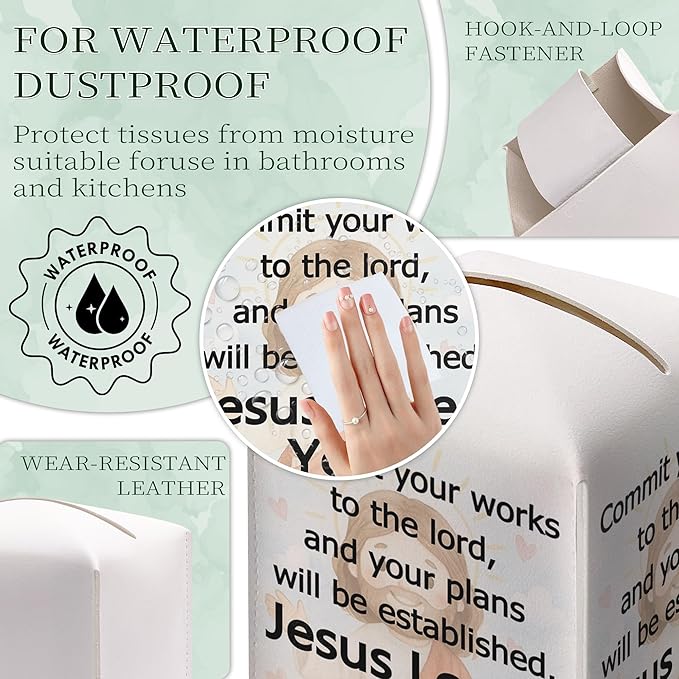 Christian Square Tissue Box Cover, PU Leather Drawstring Bottom - Commit Your Work to the Lord, Appreciation, Farewell, Retirement Gift for Christian Friends, Colleagues | Decorative Organizer