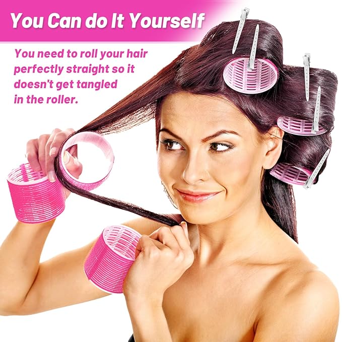 Jumbo Hair Curlers Rollers, 12Pcs 60mm Jumbo Hair Roller Curlers Self Grip Holding Rollers with 12Pcs Hair Clips for Long Straight Thick Hair (Rose Red)