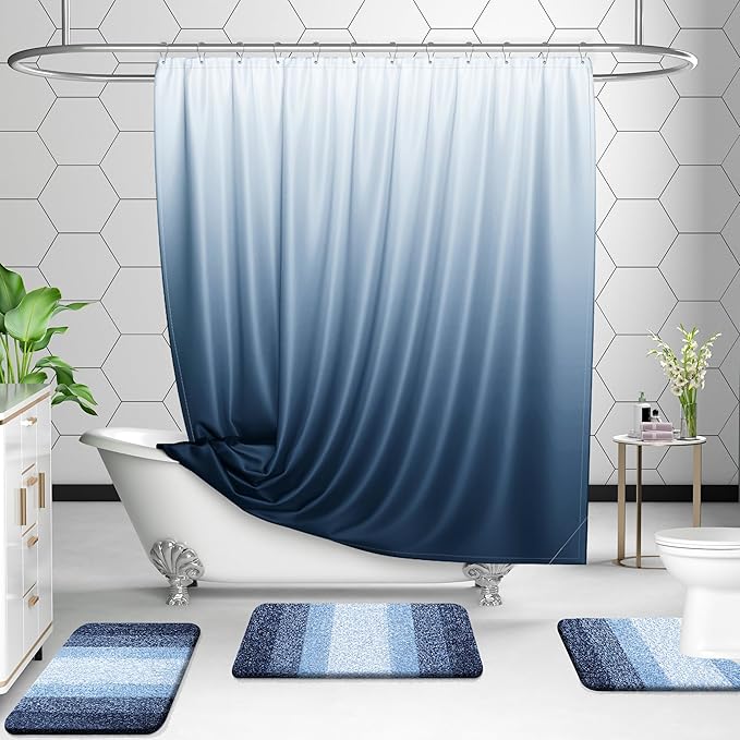 OLANLY Bathroom Rugs Sets 3 Piece, Soft Absorbent Microfiber Bath Mats and U-Shaped Contour Toilet Rug, Plush Shaggy Bath Mat Set for Bathroom (36"x24"+24"x16"+24"x20", Navy)