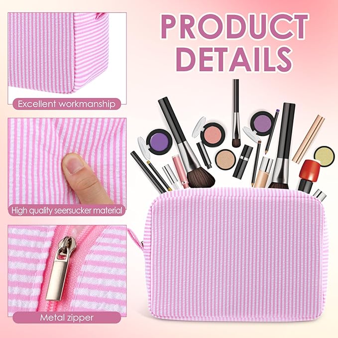 Sanwuta 6 Pcs Seersucker Cosmetic Bag Bulk Pinstripe Makeup Bag for Women Aesthetic Cute Travel Toiletry Organizer Preppy Storage Pouch for Wedding Bridesmaid Christmas Gift (Large,Pink)