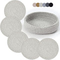 Coga Trivets for Dishes, Pots and Pans - 7 Inch Hot Pads, 5 Pcs with Storage Basket - Cotton Table Protector, Heat Resistant (Grey)