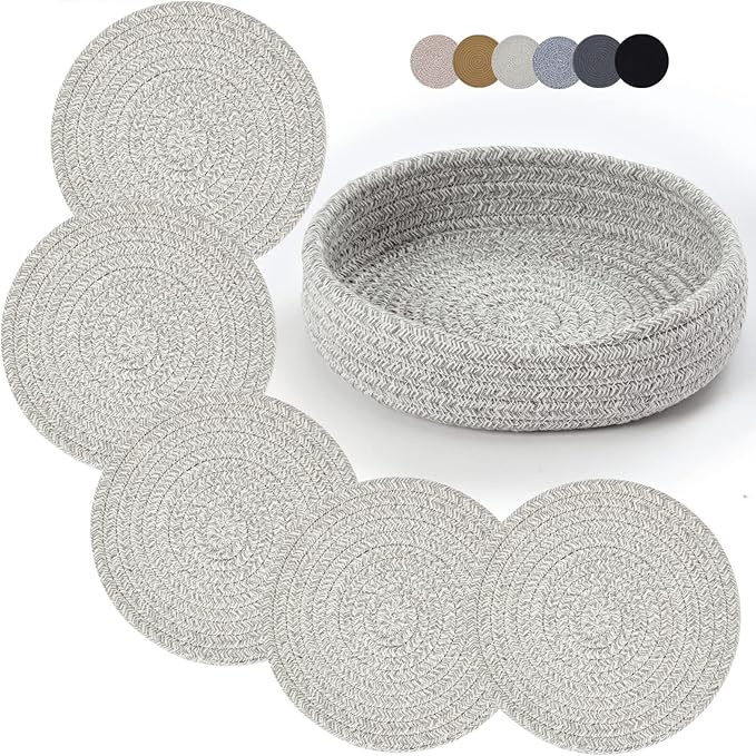 Coga Trivets for Dishes, Pots and Pans - 7 Inch Hot Pads, 5 Pcs with Storage Basket - Cotton Table Protector, Heat Resistant (Grey)