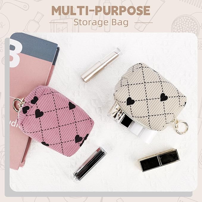 Mini Makeup Bag, Corduroy Small Cosmetic Bag for Purse with Ring Buckle, Travel Makeup Pouch for Lipsticks, Chapsticks, Coin, Earphone, Credit Card (Hearts-Beige)
