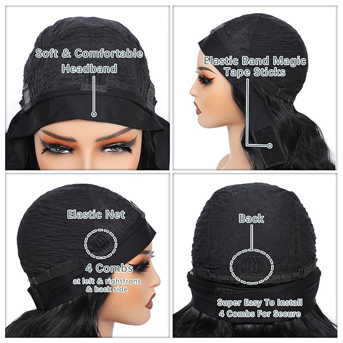 xccoco Black HeadBand Wigs for Women Long Wavy Headband Wigs 24inch Put On and Go Glueless Half Wig Loose Wave Synthetic Long Wigs for Women 200% Density