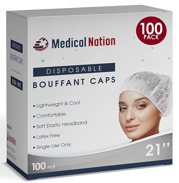 21" Disposable Bouffant Caps | Pack of 100, White | Hairnets, Non-Woven, Non-Pleated Head Hair Covers |For Medical, Labs, Nurse, Tattoo, Food Service, Hospital, Cooking - Size 21" White