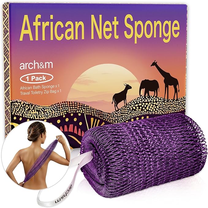ARCH&M African Net Sponge Authentic - Exfoliating Shower Bath Loofah, 53" Long Back Scrubber, Quick-Dry Mesh Body Scrubber for Women and Men, Daily Use Body Care, Travel Portable Bath Accessories Gift