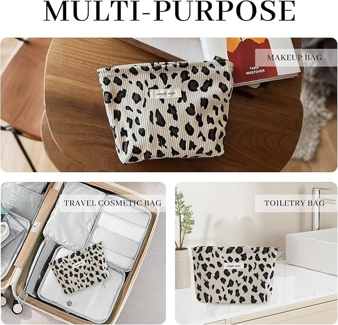 Wudygirl Leopard Makeup Bag Travel Cosmetic Bag for Women Small Makeup Pouch Zipper Cosmetic Pouch Handbag Aesthetic (White Leopard)