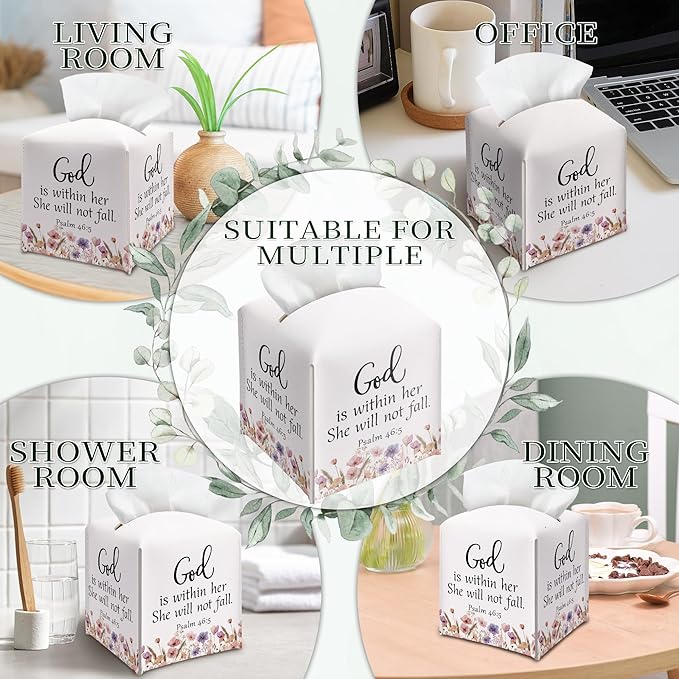 Christian Bible Verses Tissue Box Cover Square, Inspirational Quotes Waterproof Leather Tissue Box Holder, Flowers Paper Facial Tissue Box Covers Cube for Office Bathroom Home Prayer Room Decor