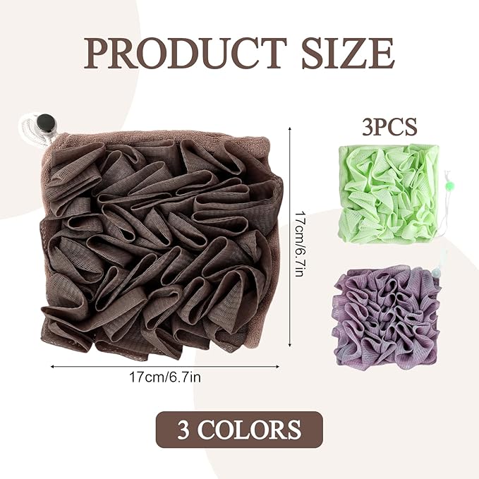 3 Pcs Soap Bar Loofah, 2 in 1 Bar Soap Loofah Pouch Can Hold Soap Effective Exfoliation for Bathing (Green+ Coffee Brown+ Purple)